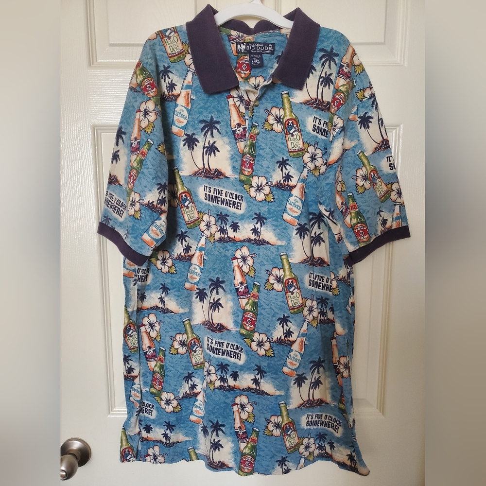 Big Dogs 100% cotton men's casual Hawaiian polo XL It's Five O' Clock Somewhere